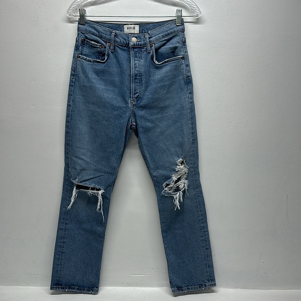 AGolde Riley Jeans High Rise Straight Denim Crop Cropped Distressed Blue Size 26